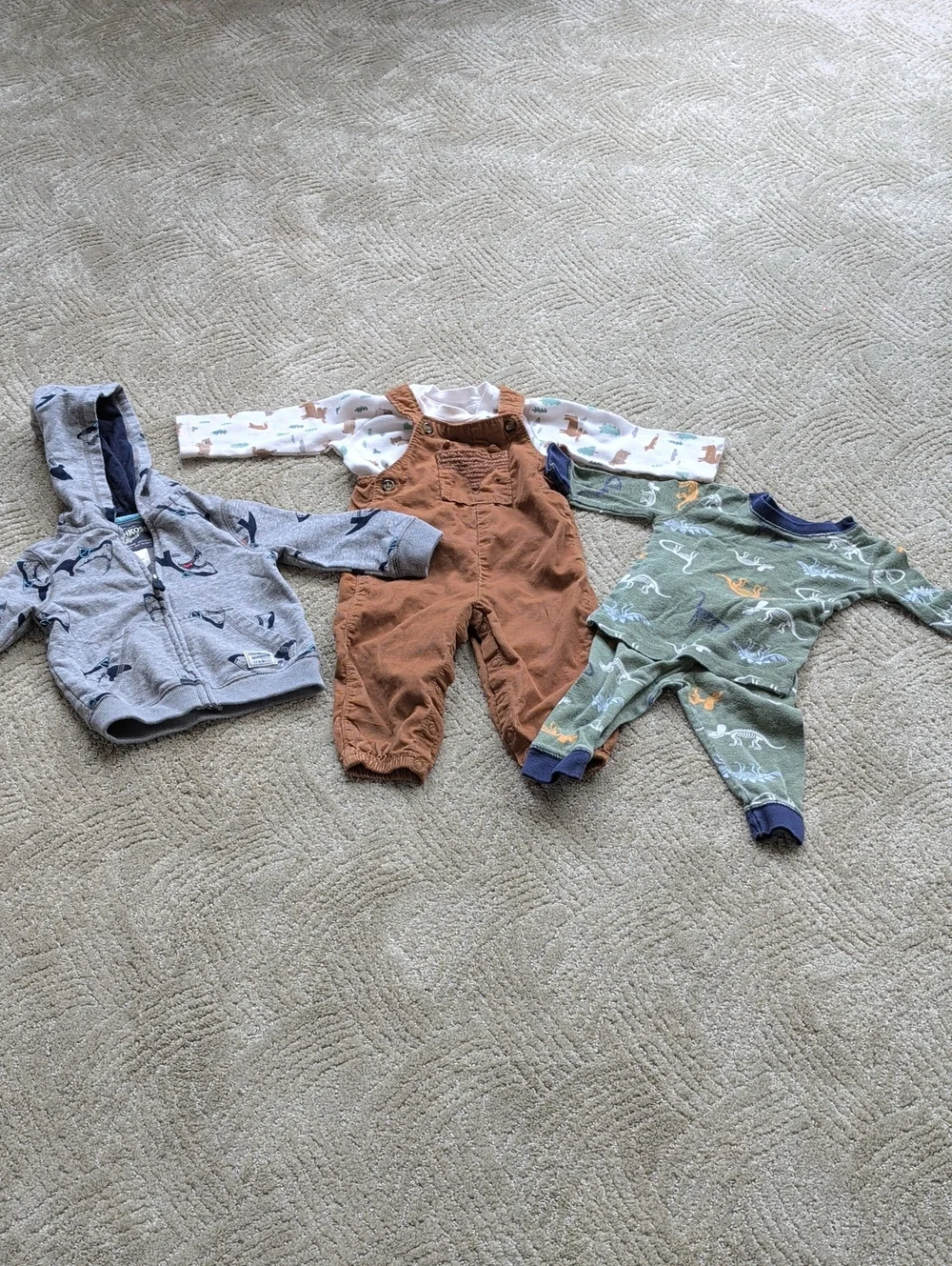 OshKosh B'gosh Brown Overalls with Green Dino Pajamas and Gray Hoodie